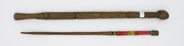 Plains/ Sioux Pipe Tamper and Drumstick: To include: (A) Multicolor quillwork handle. 15 1/2" long. (B) Carved drumstick with human effigy head. 17" long.