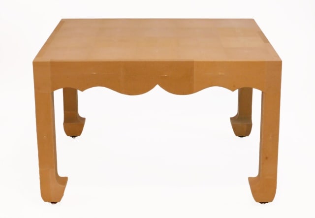 Karl Springer Style Coffee Table: Late 20th C. Shagreen surface in a cream color and checkerboard pattern. Chinoiserie style. 25 1/2" high x 40" wide x 40" deep.