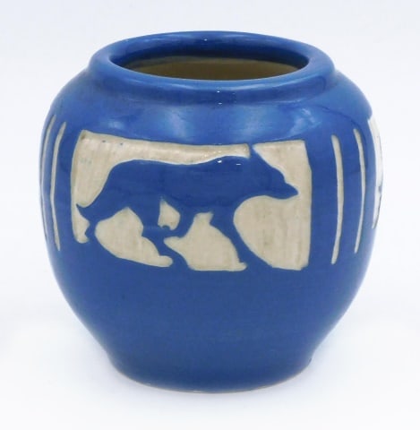 Julia Mattson (NDSM) Coyote Vase: 1930s. Julia Mattson (US/North Dakota, 1893-1967). North Dakota School of Mines. Blue glaze. Incised on bottom: 135 Coyote, J. Mattson. Has a stamped blue label on bottom. Covered over with an old $3 