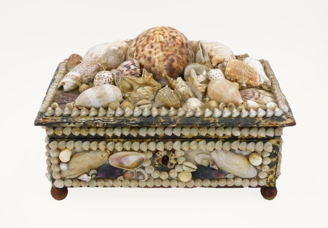 Jewelry Box with Decorated Shell Design: Early 20th C. English. Fitted interior with inset pin cushion and mirrored lid. 6" high x 9" wide x 5 1/2" deep.