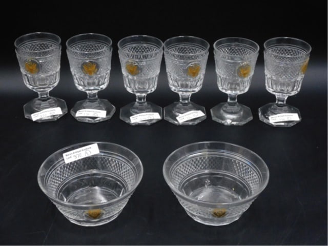(8) Piece Presidential Tableware: 20th C. Cut lead crystal. Engraved with a gilt eagle Presidential seal. To include: (A) Six wine goblets. 4 1/2" high. (B) Two figure bowls. 2 1/4" high x 4 3/4" diameter. Provenance: From the estate