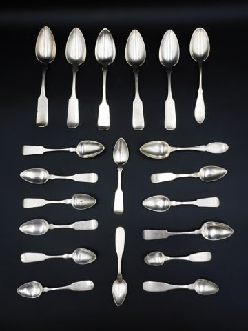 (20) Coin Silver Spoons: To include: (A) Benedict & Sons, New York. Six teaspoons. 6 3/8" long. (B) Benedict & Sons, New York. Four tablespoons. 8 3/4" long. (C) Three spoons. 7 1/2" to 8 3/4" long. (D) S&J Wallin. Pair of sp