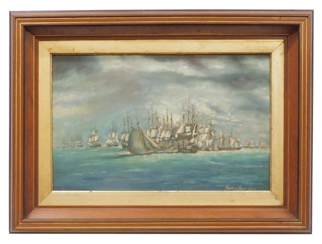 Francis West Painting: (American/Rhode Island, 1881-1971). Oil on artist's board. Depicts the arrival of the French fleet in Newport, Rhode Island, 1780. Signed lower right. Sight size: 13" high x 21" wide. In a period waln