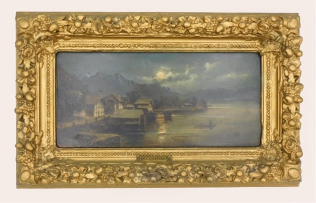 European Village & Lakeside Painting: 19th C. Oil painting on board. Moonlit night. Signed lower left. Sight size: 5 1/2" high x 12 1/2" wide. In a period gesso frame measuring: 10 1/4" high x 16 1/2" wide. Provenance: From the estate of 