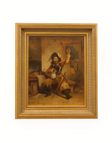 Oil Painting of a Pirate: Late 19th C. Oil on artist's board. Depicts a pirate giving a toast. Sight size: 11" high x 9" wide. In a reproduction gold frame measuring: 14 1/2" high x 12 3/4" wide. Provenance: From the estate of