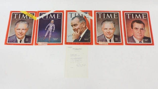 (5) Autographed Time Magazine Covers: All covers measure 11" high x 8 1/2" wide. To include: (A) September 26, 1960. Featuring a portrait of Henry Cabot Lodge, Jr. (1902-1985) who was a U.S. Senator from Massachusetts as well as a diploma