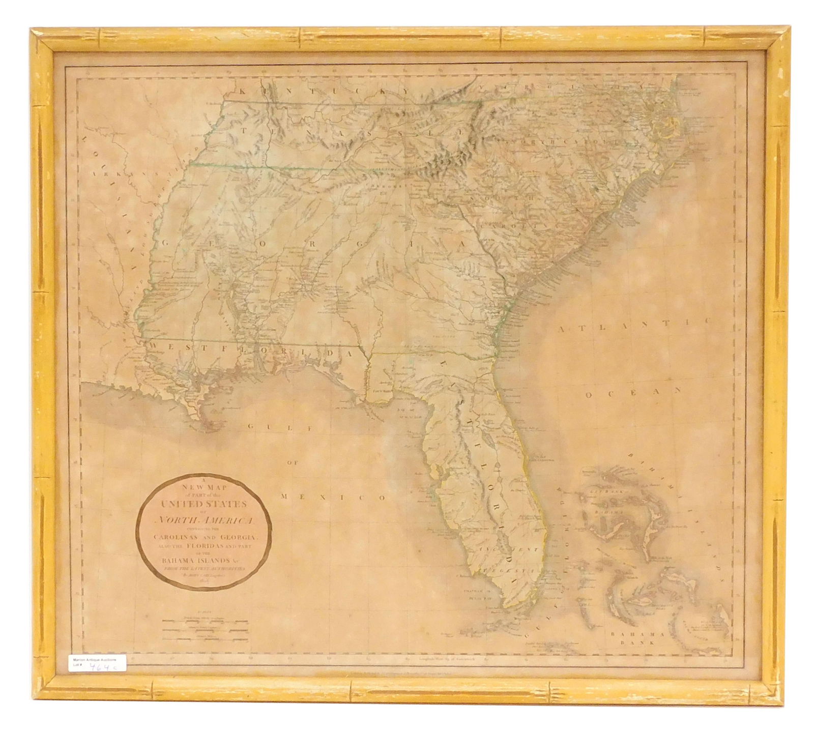 1806 Map: Part of the United States of North America. Containing the Carolinas, Georgia, Florida and the Bahama Islands. By John Cary, Engineer. Sight size: 19" high x 21" wide. In a modern bamboo style frame m