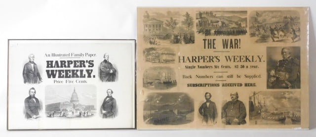 (2) Harper's Weekly Civil War Broadsides: To include: (A) Titled: "The War". Engraved scenes from: the Battle of Philippi, Charge of Duryees Zouaves, Commander in Chief Winfield Scott, Major General Benjamin Butler, the Battle of Boonville Re