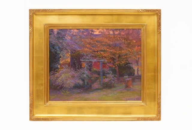 Joseph Szarek Painting: (American, Rhode Island b. 1946-). Oil on board. Garden landscape with luminous sky. Signed lower right. Dated 1987. Sight size: 14 1/2" high x 18 3/4" wide. In a high quality carved and gilded frame 