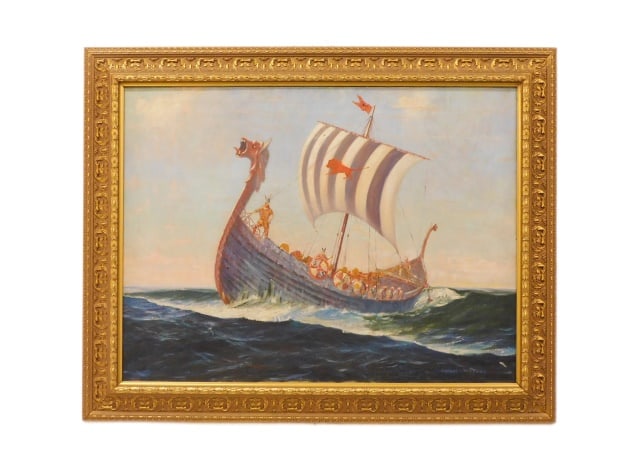 Claude Payzant Viking Ship Painting: (American, 20th C.) Oil on canvas. Signed lower right. 31" high x 40" wide. In a newer ornate carved and gilded frame measuring: 38 1/2" high x 48" wide. Provenance: From the estate of Rodney Hilton B