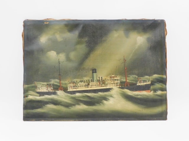 Steamship Oil Painting: Late 19th C. Oil on canvas. Depicts ship ELPENOR. Steam and sail cruiser in rough seas. Mounted on old mahogany board. 12" high x 17" wide. Provenance: From the estate of Alan Gaines of A & A Gaines A