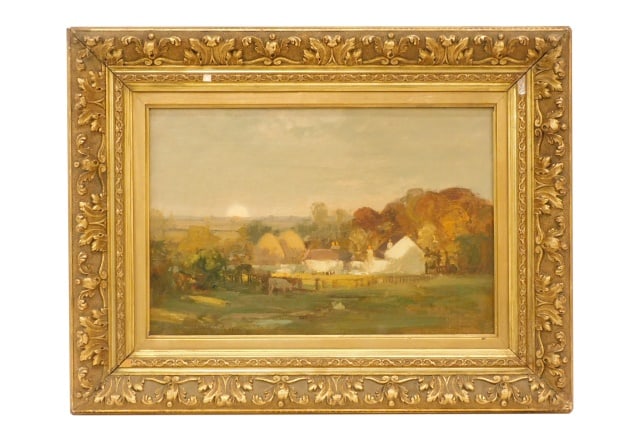 Thomas Bromley Blacklock Painting: (United Kingdom, 1863-1903). Oil on canvas. Village scene with houses and livestock. Signed lower left, dated 1899. Sight size: 11 3/4" high x 17 3/4" wide. In an ornate period carved and gilded frame