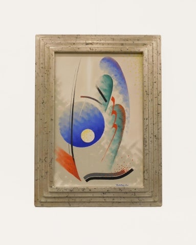 Tom A. Robertson Painting: (American, 1911-1976). Oil on board. Abstract. Signed lower right. Sight size" 20 1/4" high x 13 1/2" wide. In a silver gilt frame measuring: 19 1/2" high x 27" wide.