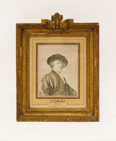 Valentine Green Watercolor: (British, 1739-1813) Portrait of Sir Joshua Reynolds. Sight size: 6" high x 5" wide. In a carved and gilded frame measuring: 12" high x 10 1/4" wide.