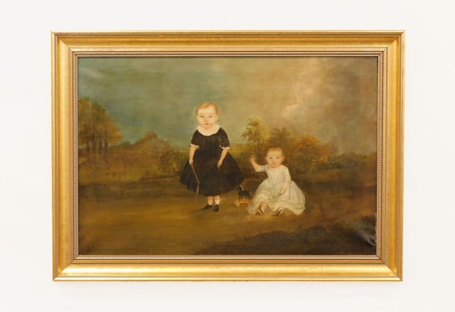 Folk Art Painting: Mid-19th Century. Oil on canvas. Depicts two young children, one holding a whip and the other a pull toy. Sight size: 23" high x 34" wide. In a modern gilded frame measuring: 29" high x 40" wide.