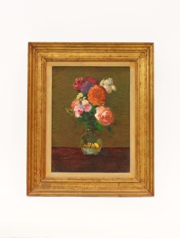 Gorden Peers Painting: (American, 1908-1988). Oil on canvas. Sill life vase of flowers. Titled on verso: "Flowers Bright Bunch" Signed lower left. Sight size: 15 1/4" high x 11 1/2" wide. In an intentionally distressed gild