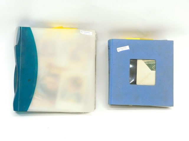 Two Trade and Greeting Card Albums: Both contain trade advertising, calling cards and reward of merit. To include: (A) 41 double sided pages. Highlights: animals, including kittens, dogs, and birds; advertising cards for clothes, cologn