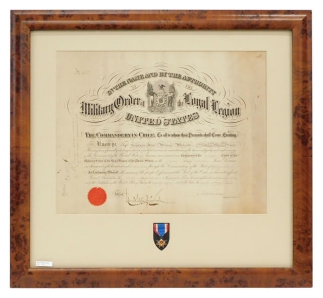 Military Order of Loyal Legion Certificate: From the Commander in Chief, initiating Captain John Wesley Wolcott into the Legion as Companion of the First Class of the Military Order. Dated October 1, 1873. State of Massachusetts. Signed by the