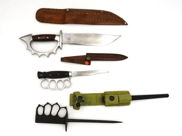 (3) Trench Style Weapons: Mid-20th C. To include: (A) Mexican knife with sheath. 14" long. (B) Hibbard & Son, Sheffield. With sheath. 9 3/4" long. (C) Military style trench knife with spike style blade. 12 1/4" long. Provenanc