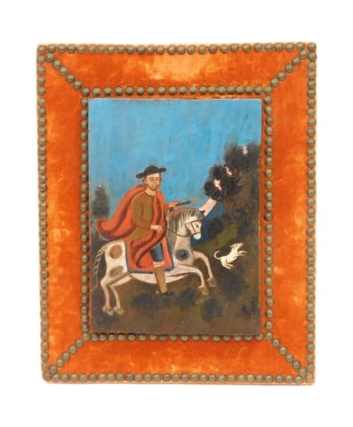 Folk Art Painting: Age unknown. Oil on wood panel. Nobleman on horseback firing his pistol. Mounted on interesting velvet lined frame with brass tack border. 16" high x 13" wide overall. Provenance: From the estate of R