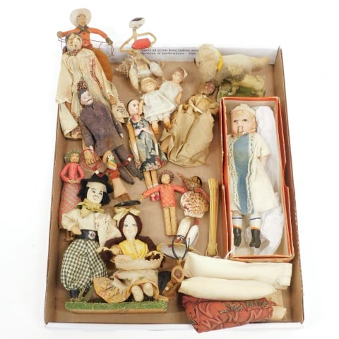 (17) Small Dolls and Figures: 19th/20th C. To include a 19th C. wax and composition wood doll that opens its mouth. With glass eyes. 8" long; Steiff dog. 2 3/4" high; painted dog figure. 3" high, etc. Pieces range from 3" to 8" hi