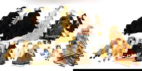 (15) Bisque Head Victorian Dolls: Blonde hair. To include: (A) Two German fashion dolls. Ca. 1870s. Dressed in fine silk gowns. One is 17" long, the other 14" long. They both have nice jewelry, and the larger of the two has a chatelai