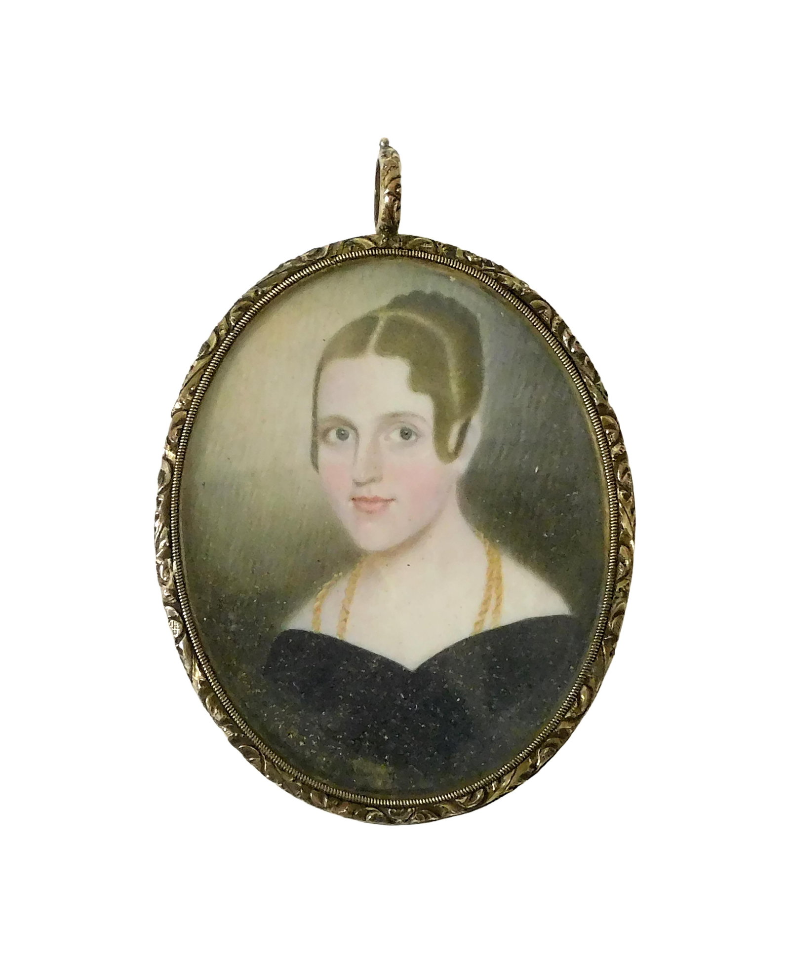 Miniature Portrait: Early 19th C. Depicting an attractive young lady with black dress. In an oval gold-plated period frame under glass measuring: 2 3/4" high x 2 1/4" wide.Not removed from frame. Back of frame shows