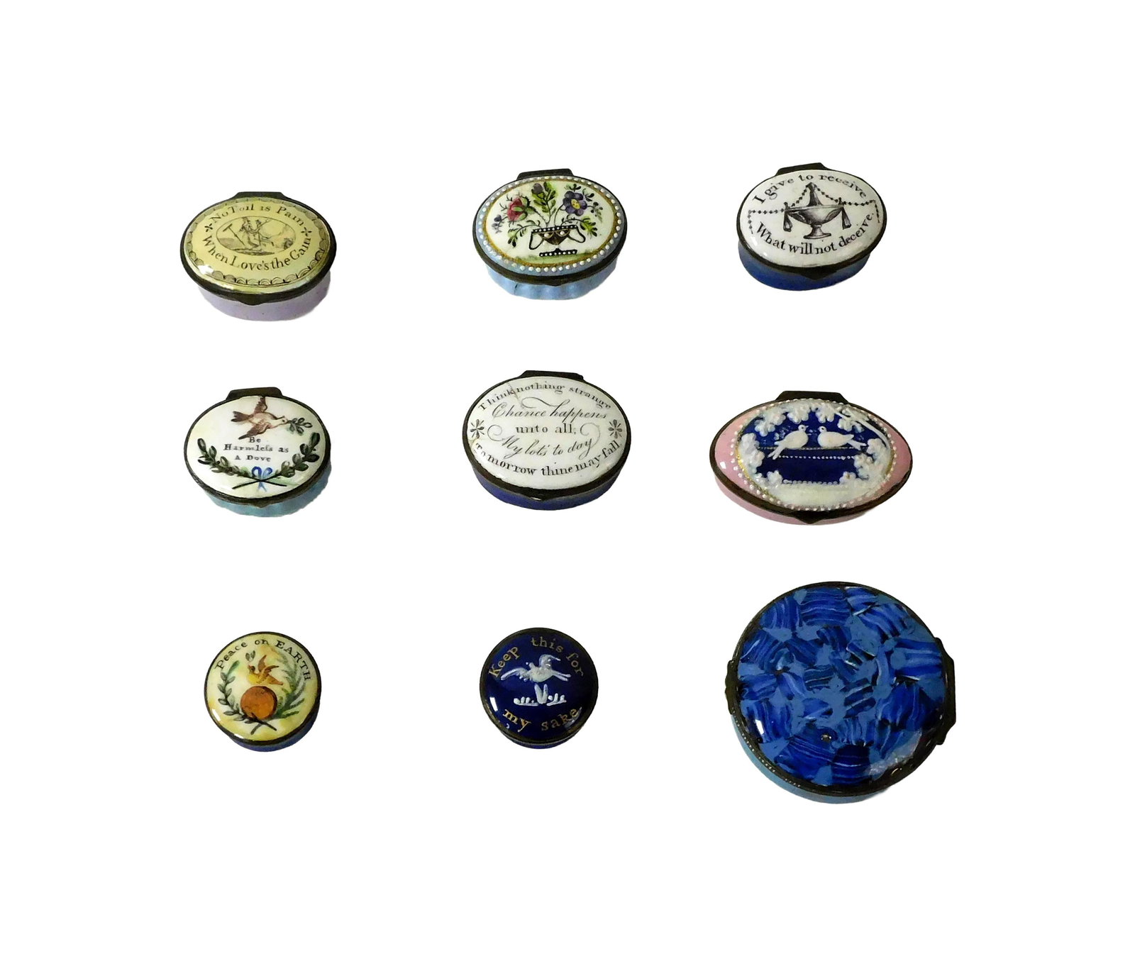 (9) Battersea Enamelware Covered Boxes: To include: (A) "Peace on Earth". Ca. 1800. 1" diameter x 1/2" high. (B) "Keep this for my Sake". Dove motif. Ca. 1800. Mirror inside of lid. 1" diameter x 1/2" high. (C) "No Toil is Pain when Love's