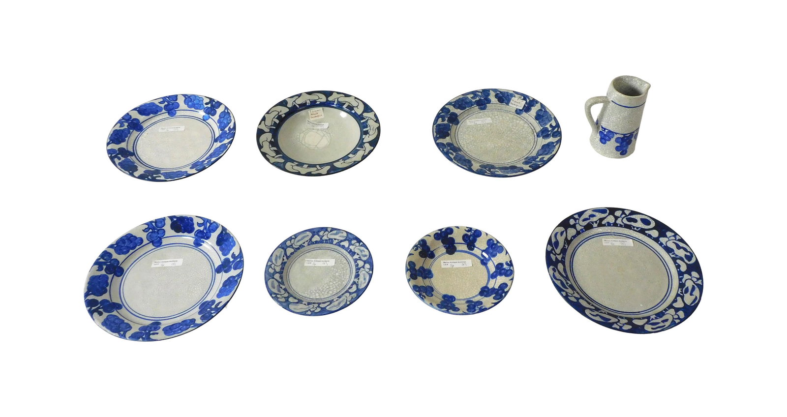 (8) Pieces Dedham Pottery: Early 20th C. To include: (A) Mushroom pattern: Soup bowl. 8 3/8" diameter. Signed Maude Davenport. (B) Snow Tree pattern: Plate. 8 1/2" diameter. Decorator's initials; Plate. 6 1/4" diameter.