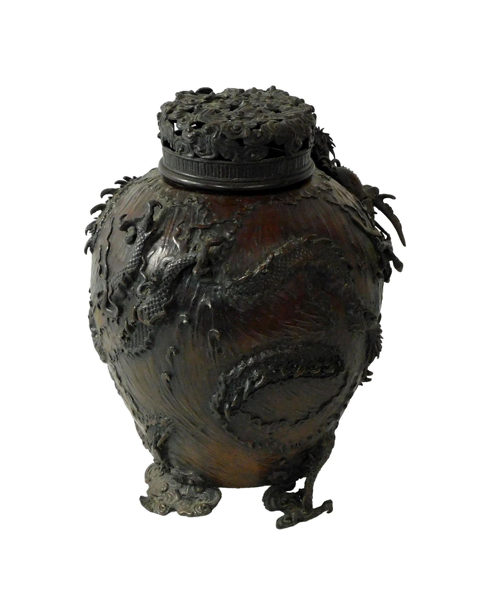 Japanese Meiji Bronze Covered Jar: Late 19th/Early 20th C. Possibly a censer. Features dragons. Signed on bottom. 14 1/2" high x 10" wide. 16.8 lbs.Good condition. Shows an old repair to one of the dragons. IMPORTANT- Please note: all
