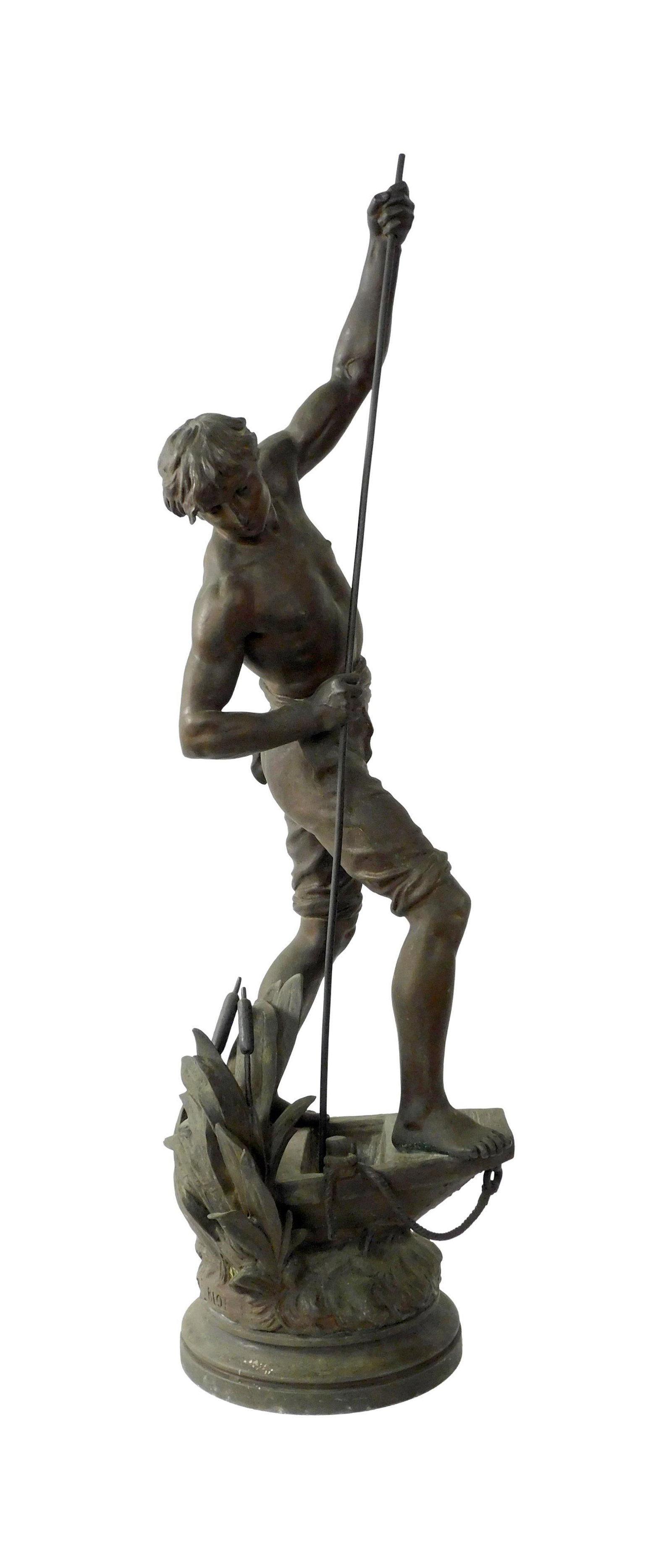 Sylvain Kinsburger Bronze Sculpture: (French, 1855-1935). Depicts a man and boat. On a revolving bronze base. Signed S. Kinsburger on sculpture. Also stamped E. Blot, possibly French foundry operator Emile Blot. 39" high x 11" wide x 9 1