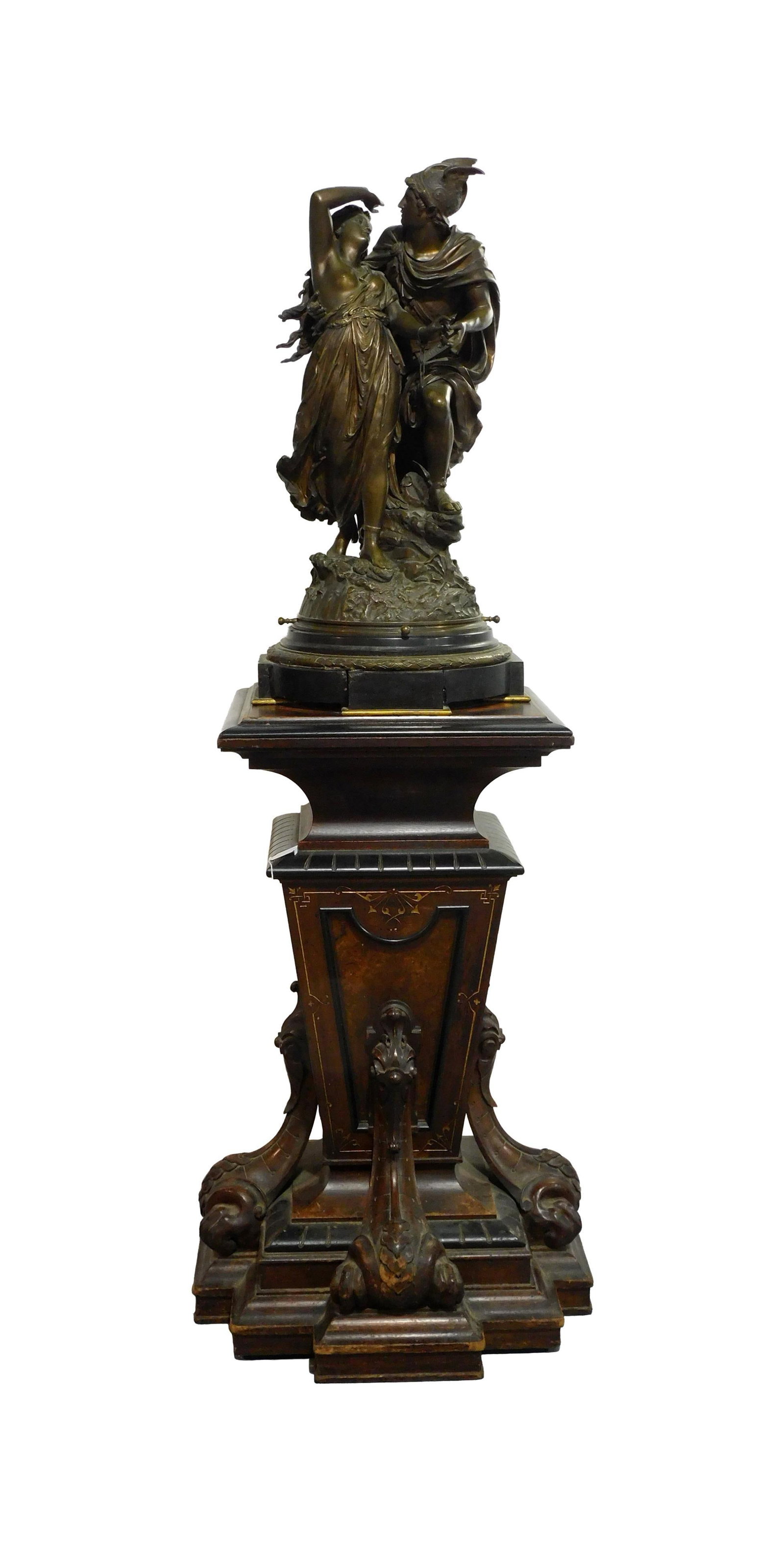 Jean-Louis Gregoire Bronze Sculpture: (French, 1840-1890). Titled: "Perseus and Andromeda". Signed. Mounted on a circular marble and bronze base that rotates. Comes with a custom made inlaid and heavily carved walnut pedestal, most likely