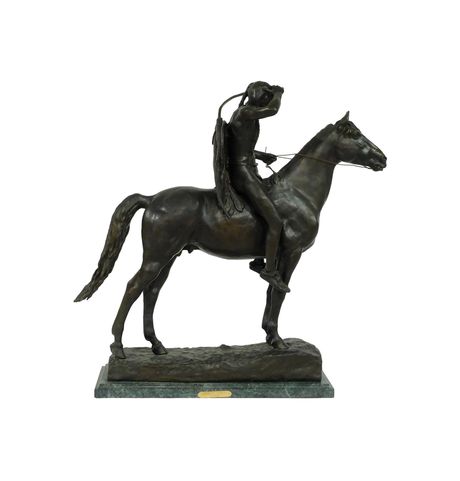 After Cyrus Dallin Sculpture: (American/Massachusetts/Utah, 1861-1944). Large bronze sculpture titled: "The Indian Scout". Signed "CE Dallin, copyright 1912". Also signed "CED 1910". On a modern marble base. 34" high x 36" wide x