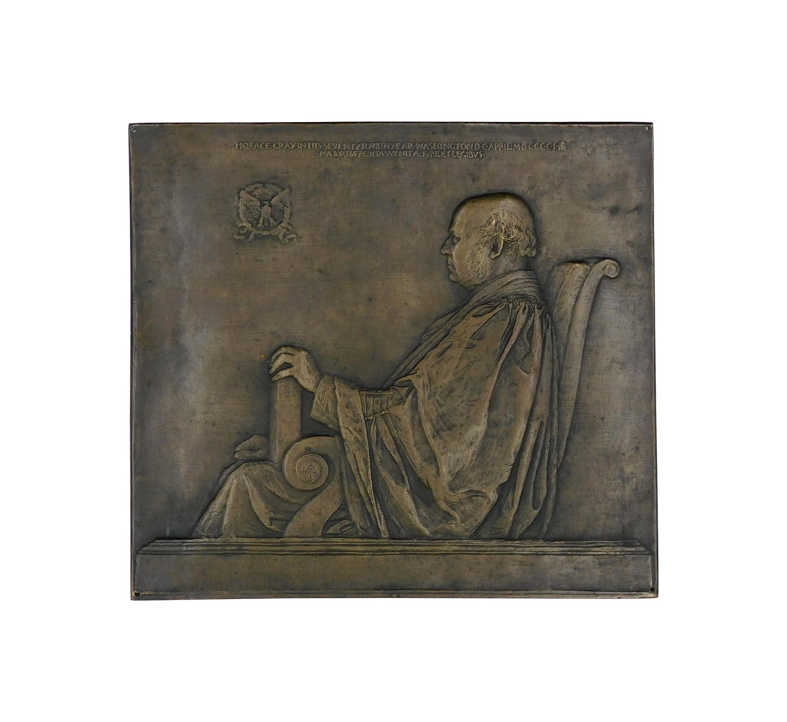 Augustus Saint-Gaudens Bronze Relief Plaque: (Irish/American, 1841-1907). Ca. 1901. Depicts Chief Justice Horace Gray (1828-1902). Gray was born in Boston. He was Harvard educated. In 1854 he was appointed by President Chester Arthur to serve on