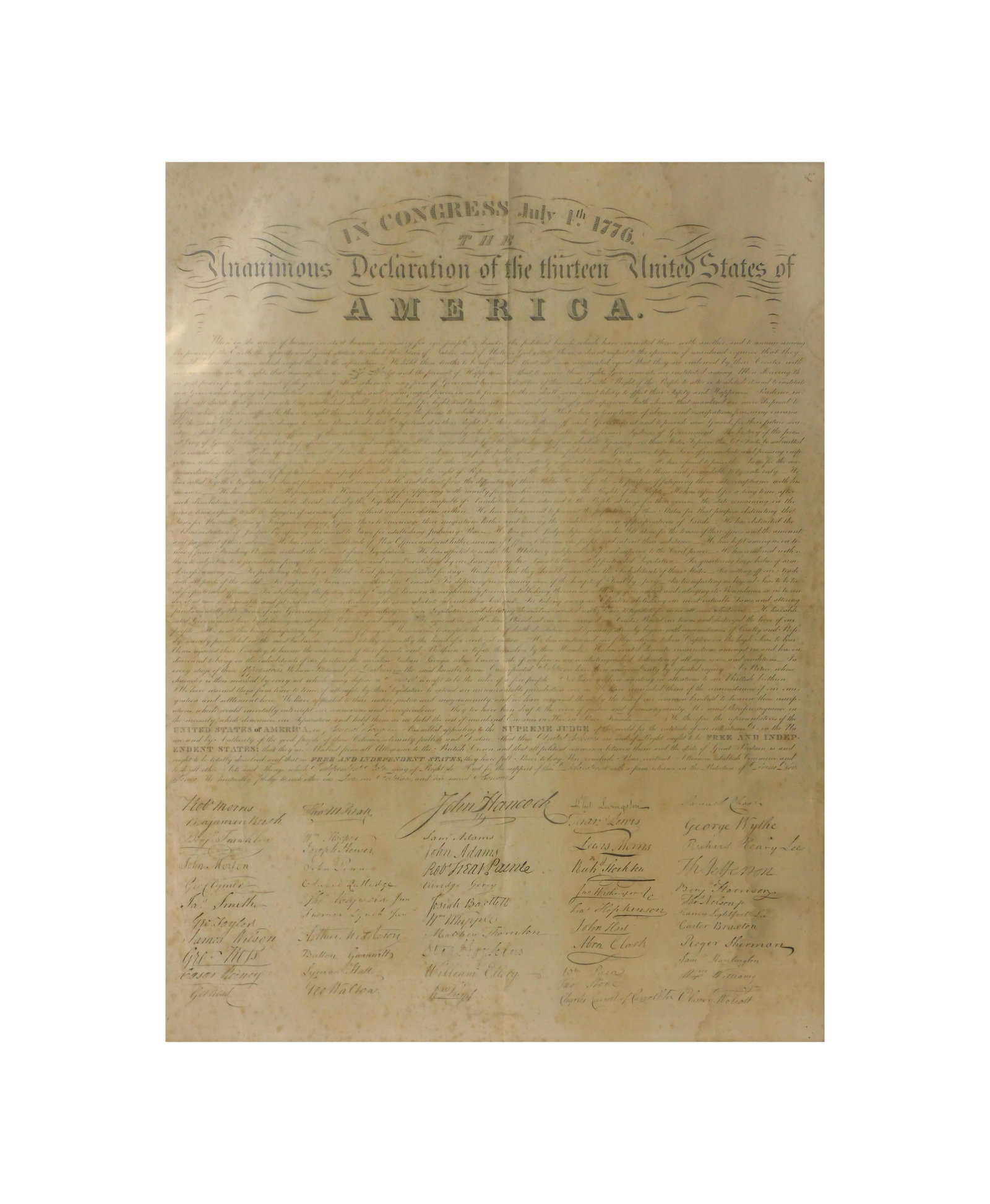 Declaration of Independence - Eleazer Huntington: Engraver (1820-1824). One of the rarest early 19th C. broadside printings of the Declaration. 23 1/2" high x 18" wide. Printed on wove paper. The Declaration of Independence, the foundation document o