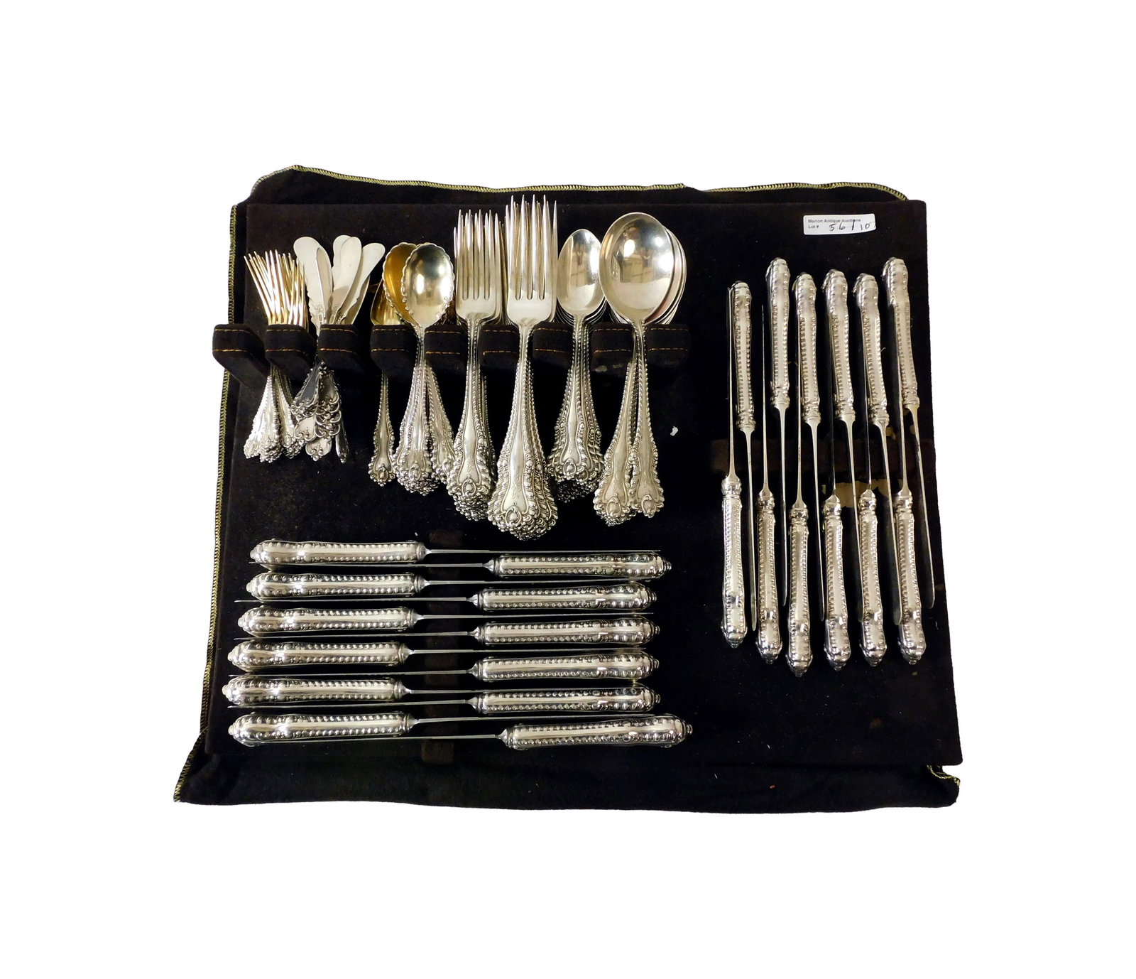 Sterling Silver Flatware Set for Twelve: 20th C. Mazarin pattern by Dominick & Haff. (107) pieces, to include: (A) Twelve teaspoons. 6" long. (B) Twelve berry spoons. 5 1/2" long. (C) Twelve soup spoons. 7" long. (D) Twelve luncheon forks. 6