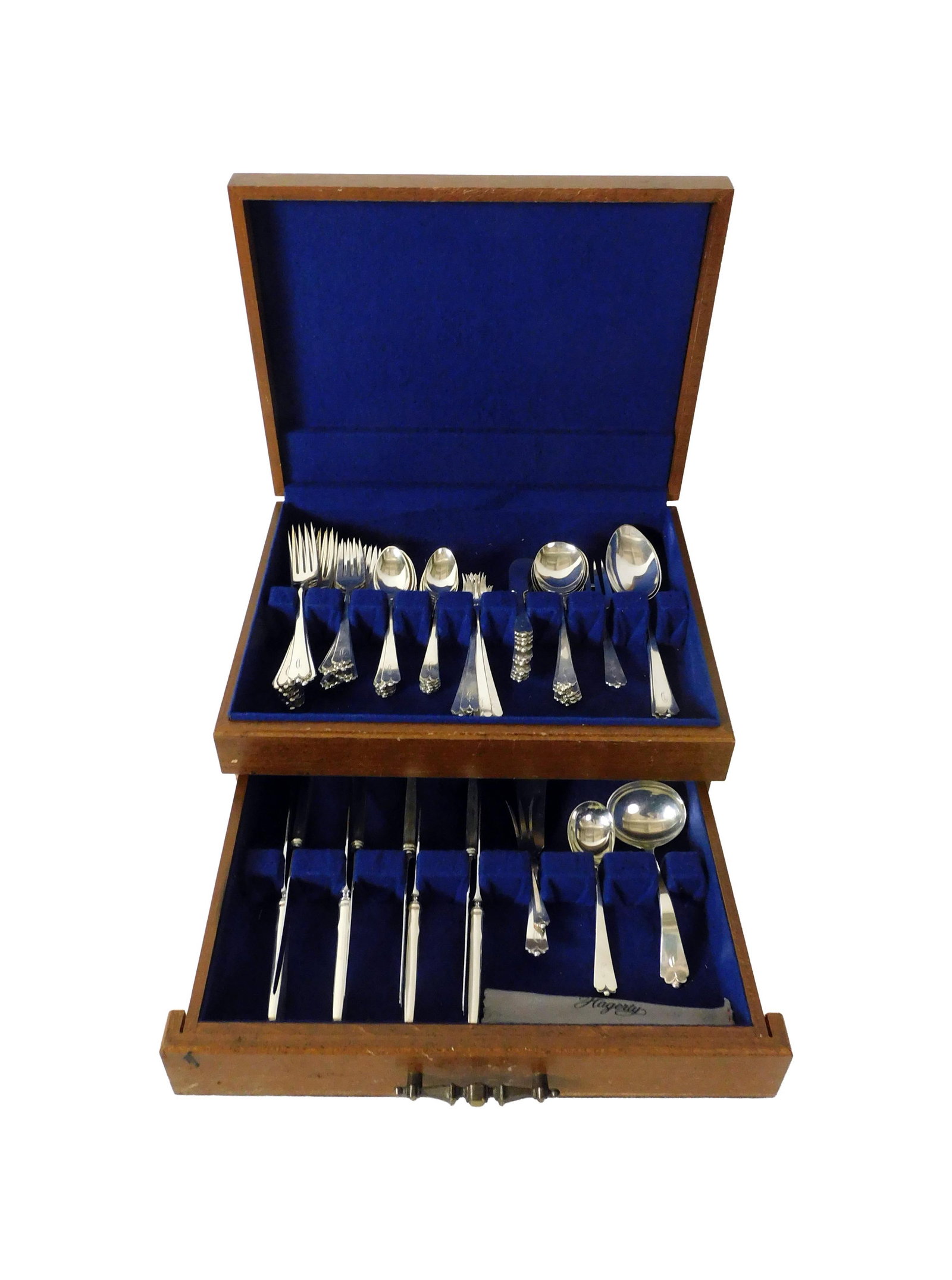 (68) Piece Watson Sterling Silver Service for 8: 20th C. Lotus pattern. To include: (A) Eight dinner forks. 7 1/4" long. (B) Eight salad forks. 6 1/4" long. (C) Twelve teaspoons. 5 1/2" long. (D) Eight soup spoons. 8. 1/2" long. (E) Eight cocktail f