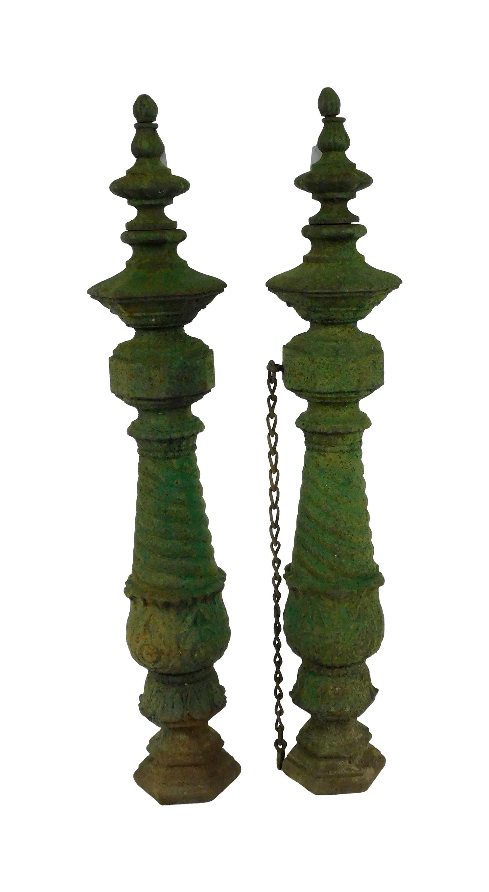 Pair of Cast Iron Posts: 19th C. Classical urn shape design. Old worn green painted finish. 52" high with finials. 42" high when detached. Provenance: From the estate of Alfred J. Walker, legendary art dealer and collector. F