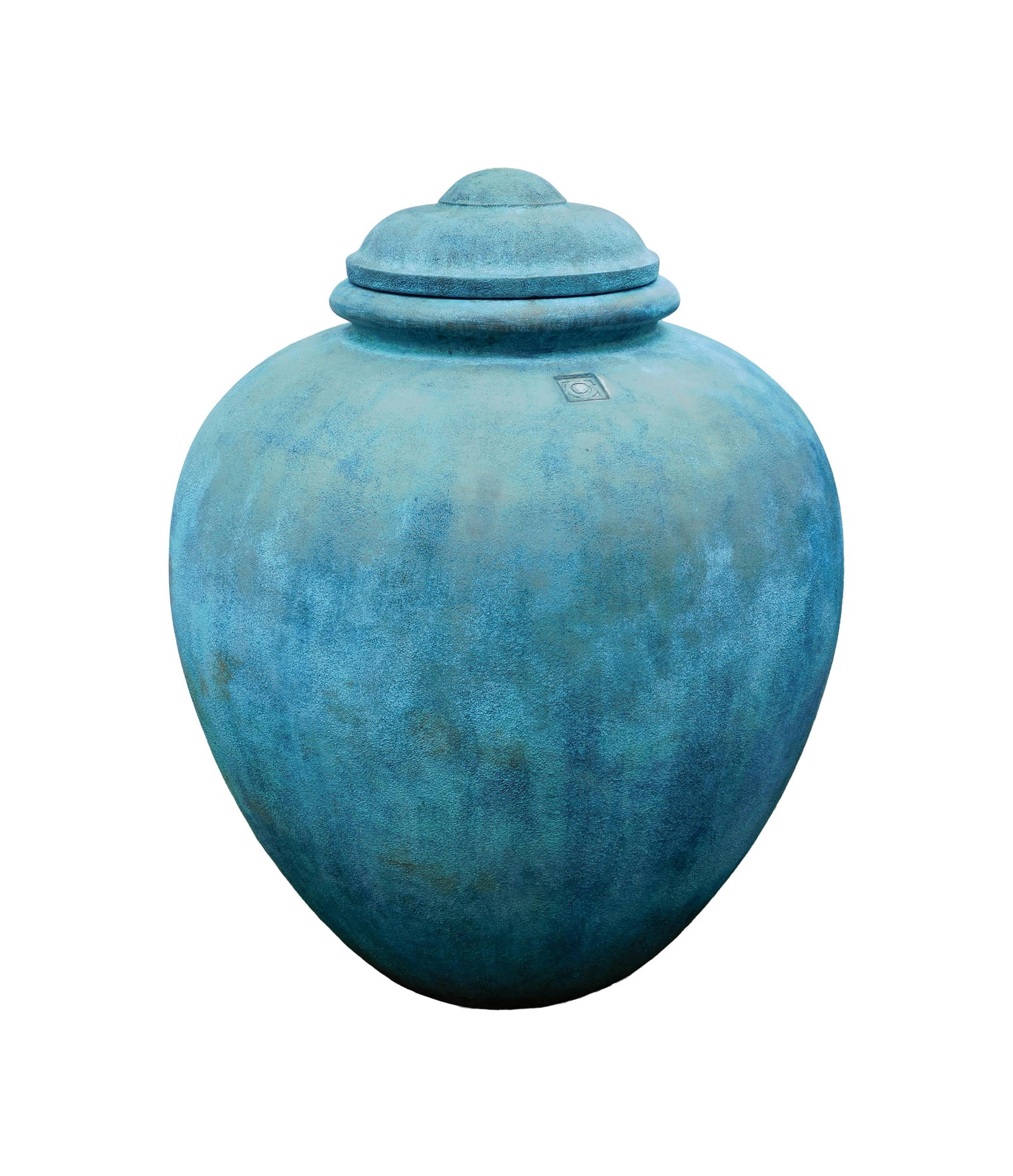 Lunaform Large Pottery Vase: Late 20th C. Removable cover. Turquoise. Stamped with a monogram for Lunaform Company, Sullivan, Maine. 46" high x 36" diameter. Provenance: From the estate of Alfred J. Walker, legendary art dealer a