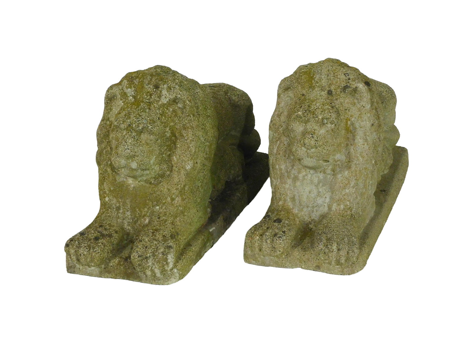 Pair of Cast Cement Recumbent Lions: Early/Mid-20th C. 15" high x 27" long x 9" wide. Provenance: From the estate of Alfred J. Walker, legendary art dealer and collector. Founder of Walker-Cunningham Fine Art. Good condition consistent w