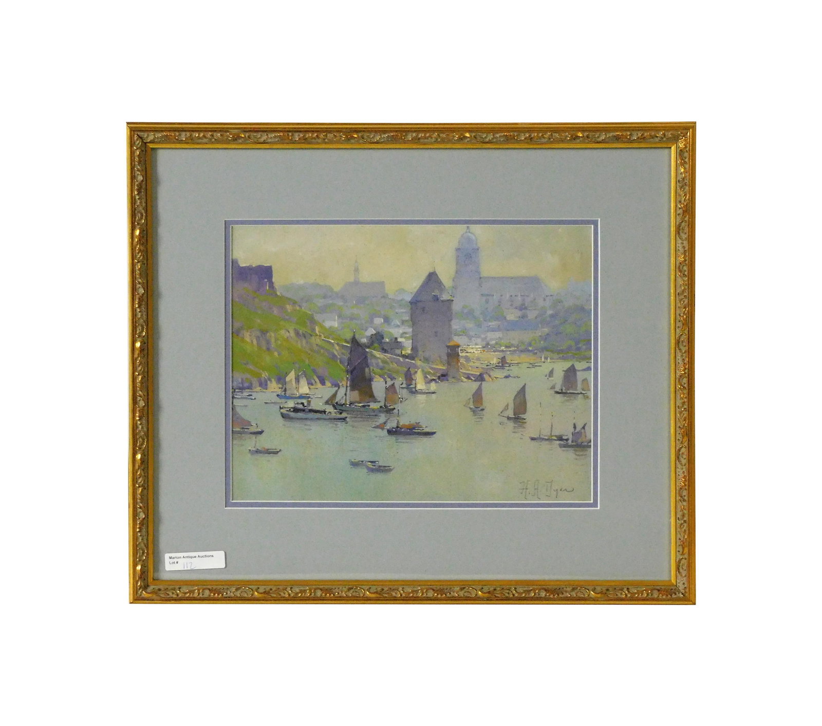 Hezekiah Anthony Dyer Painting: (American/Rhode Island, 1872-1943). Providence artist. Watercolor. European water scene, probably Italy. With sailboats and village in the distance. Signed lower right. Sight size: 8" high x 10 1/2" w