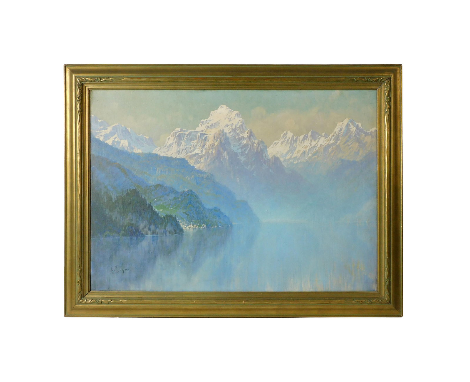 Hezekiah Anthony Dyer Painting: (American/Rhode Island, 1872-1943). Providence artist. Oil on canvas. Signed lower left. Lake Cuomo, Italy landscape with village, mountain and lake. Sight size: 24" high x 33 1/2" wide. In a period c