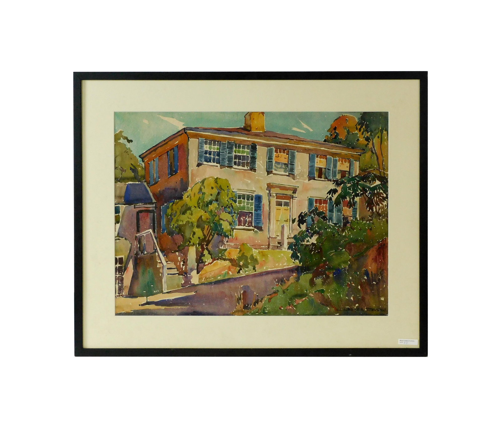 William Lester Stevens Painting: (American/Massachusetts, 1888-1969). Watercolor. Titled: "House in Annisquam". Signed lower right. Sight size: 18 1/2 x 24 1/2. In a modern black lacquer frame under glass measuring: 25 1/2" high x 31