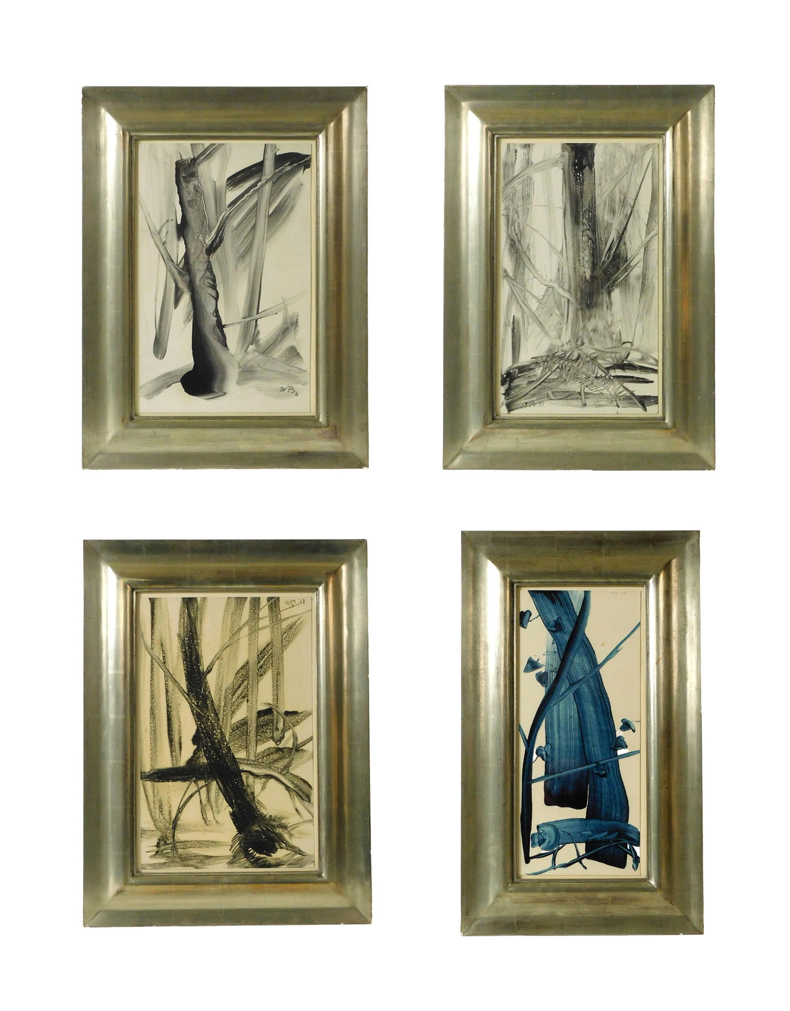 (4) Walter Otto Beck Paintings: (American/New York/Ohio, 1864-1954). To include: (A) Tempera and starch on paper. Titled: "Tree Series, Series X, 4". 1931. Signed and dated upper right: "WB '31". Sight size: 19" high x 8" wide. In a