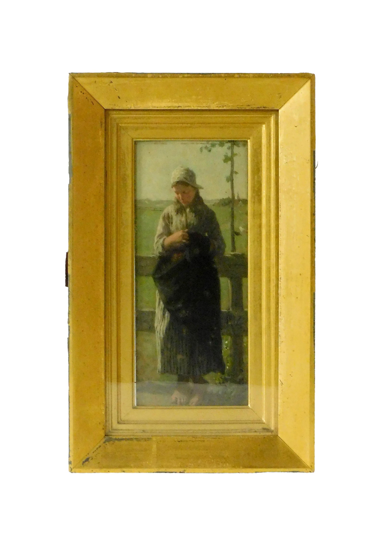 Adolph Artz Painting: (Netherlands/France, 1837-1890). Oil on panel. Portrait of a peasant girl. Signed lower right. Sight size: 11 3/4" high x 5" wide. In a gilded frame under glass measuring: 17" high x 10 1/2" wide.Good