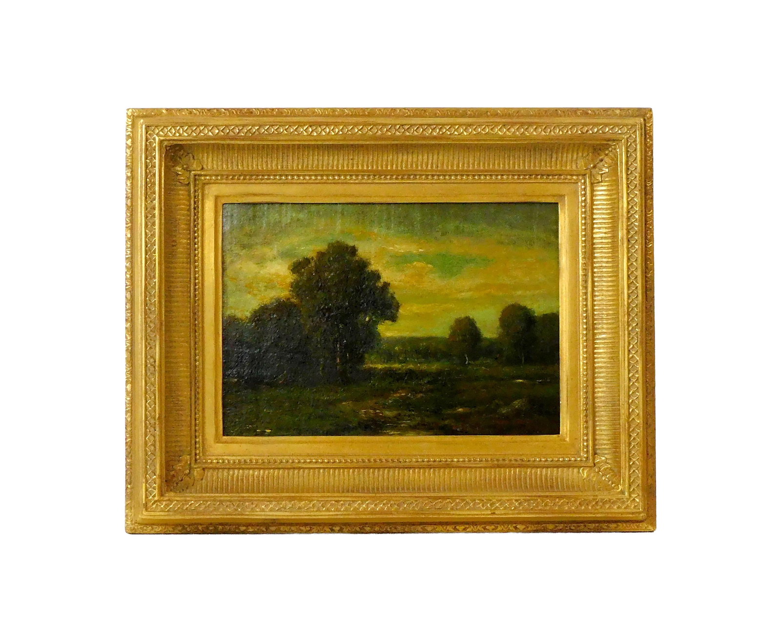 Narcisse Virgilio Diaz de la Pena Painting: (French, 1807-1876). Oil on board. Forest landscape. Signed lower right N. Diaz. Sight size: 8 1/2" high x 12" wide. In a carved and gilded frame measuring: 14 1/2" high x 18" wide. Diaz was a member