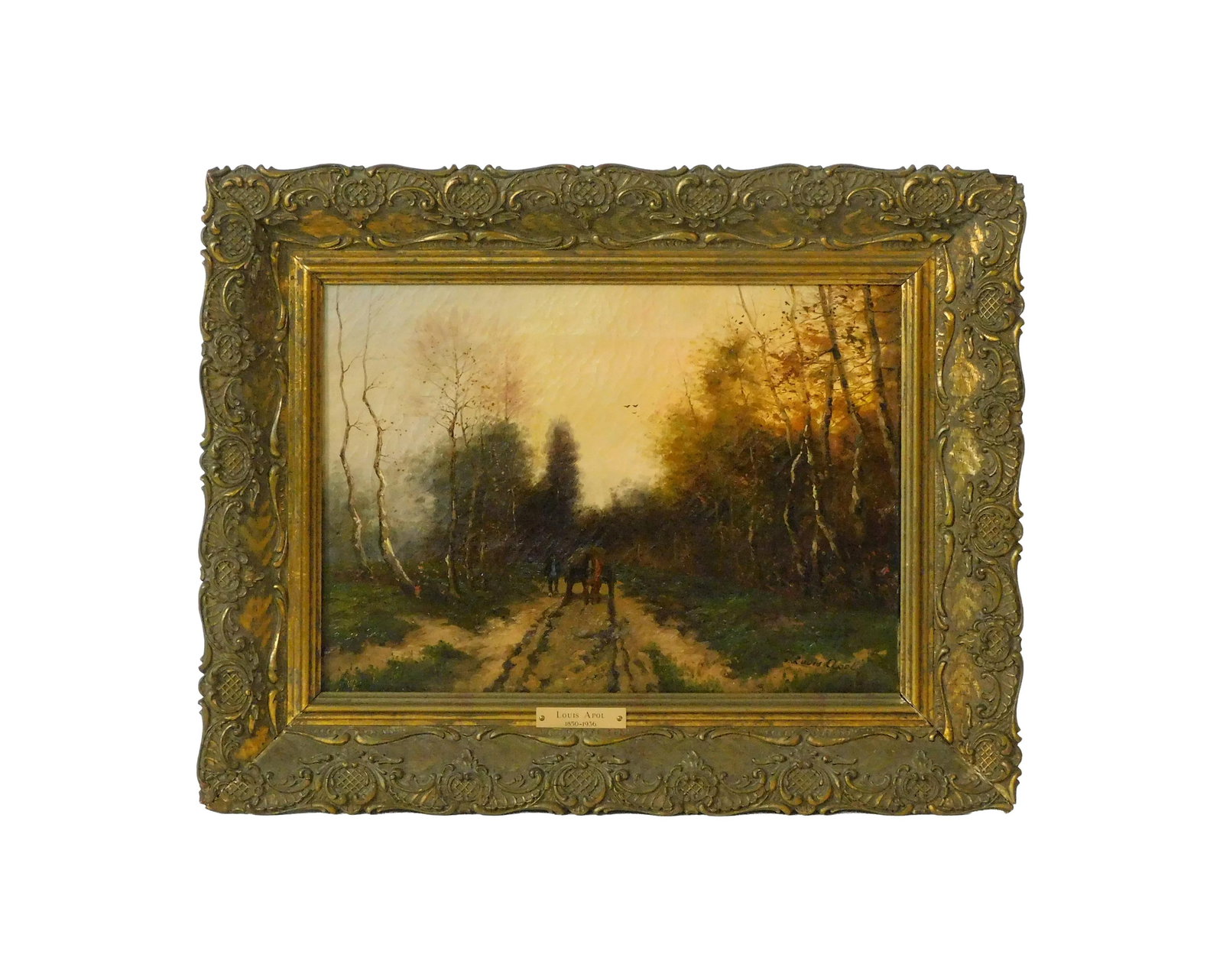 Louis Apol Painting: (Netherlands, 1850-1936). Oil on canvas. Landscape with farmer and horse and wagon. Signed lower right. Sight size: 12" high x 16 1/2" wide. In an ornate carved and gilded frame measuring: 18" high x