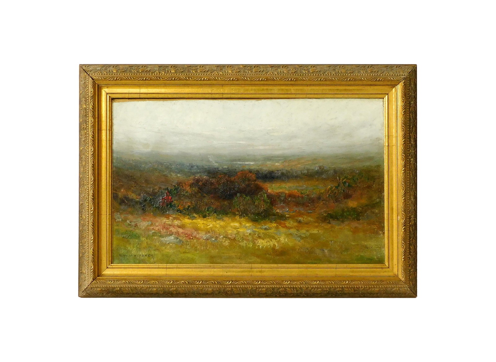 George William Whitaker Painting: (American/Rhode Island/ New York/Massachusetts, 1841-1916). Oil on canvas. Depicts a fall landscape. Signed lower left "G.W. Whitaker". Sight size: 10" high x 16" wide. In a modern gilded frame measur