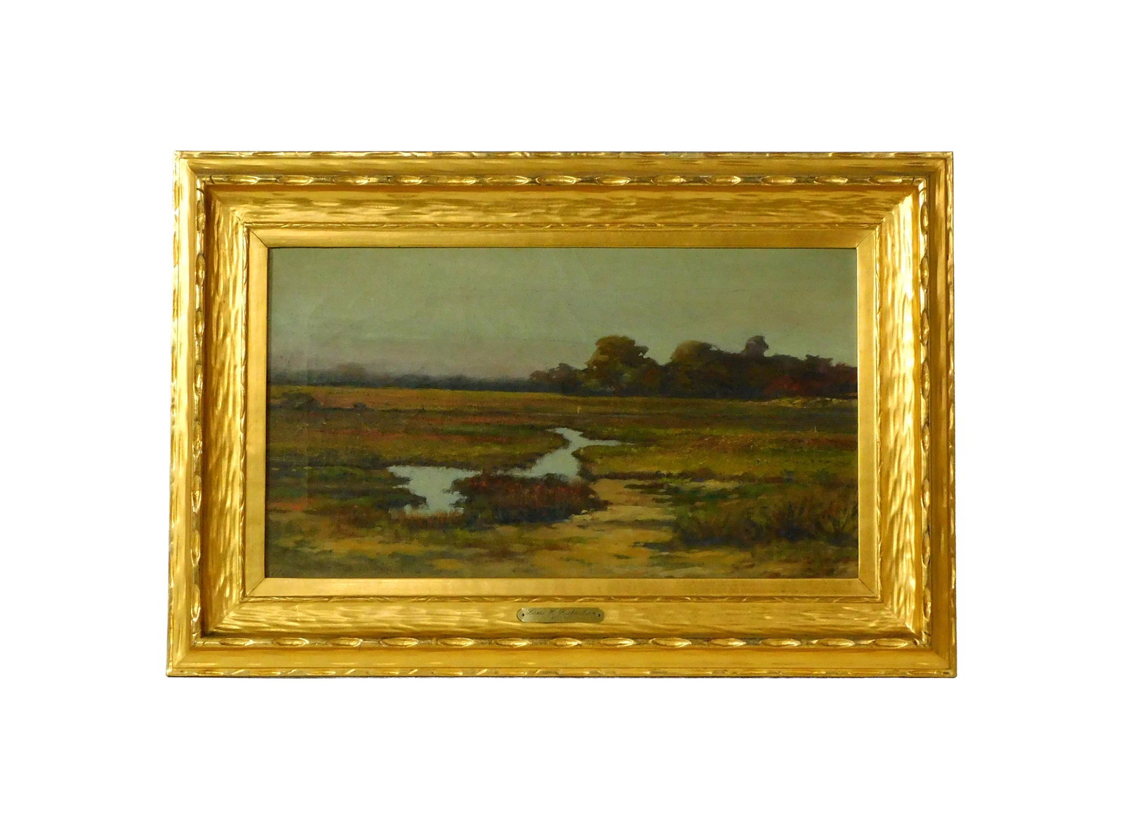 Louis H. Richardson Painting: (American/New York/Massachusetts, 1853-1923). Oil on canvas. "Marsh at Nonquit". (South Dartmouth, MA). Signed lower left. Sight size: 12" high x 21 1/4" wide. In an original gilded and carved frame m