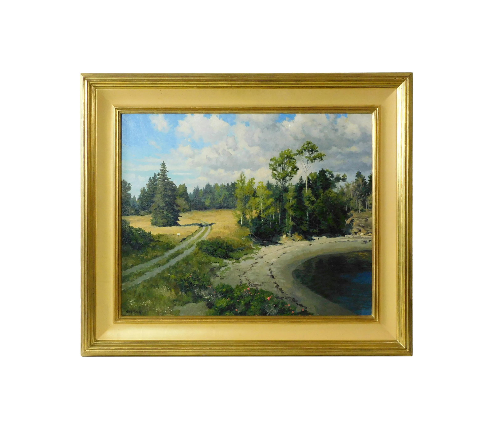 Harley Bartlett Painting: (American, b. 1959). Oil on canvas. Titled: "Country Road". Depicts a country road curving past the shore of a lake. Signed lower left. Sight size: 24" high x 30" wide. In a high quality gilded frame